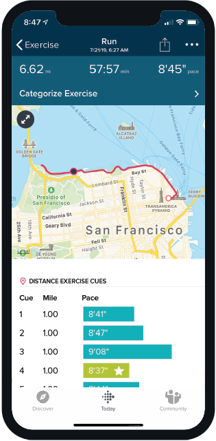 GPS-tracked run in the Fitbit app